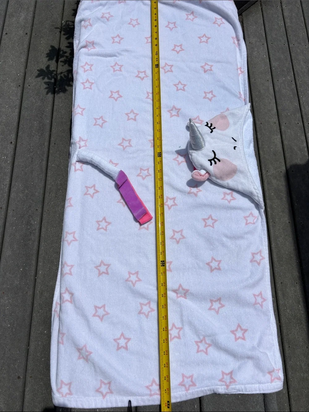 Kids White & Pink Star Hooded Bath Towel with Sparkle Unicorn, Shower, 4’ x 2’